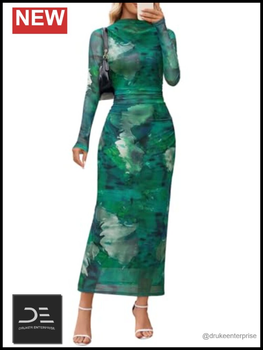 Women's Long Sleeve Mock Neck Ruched Mesh Maxi Dress Wedding Guest